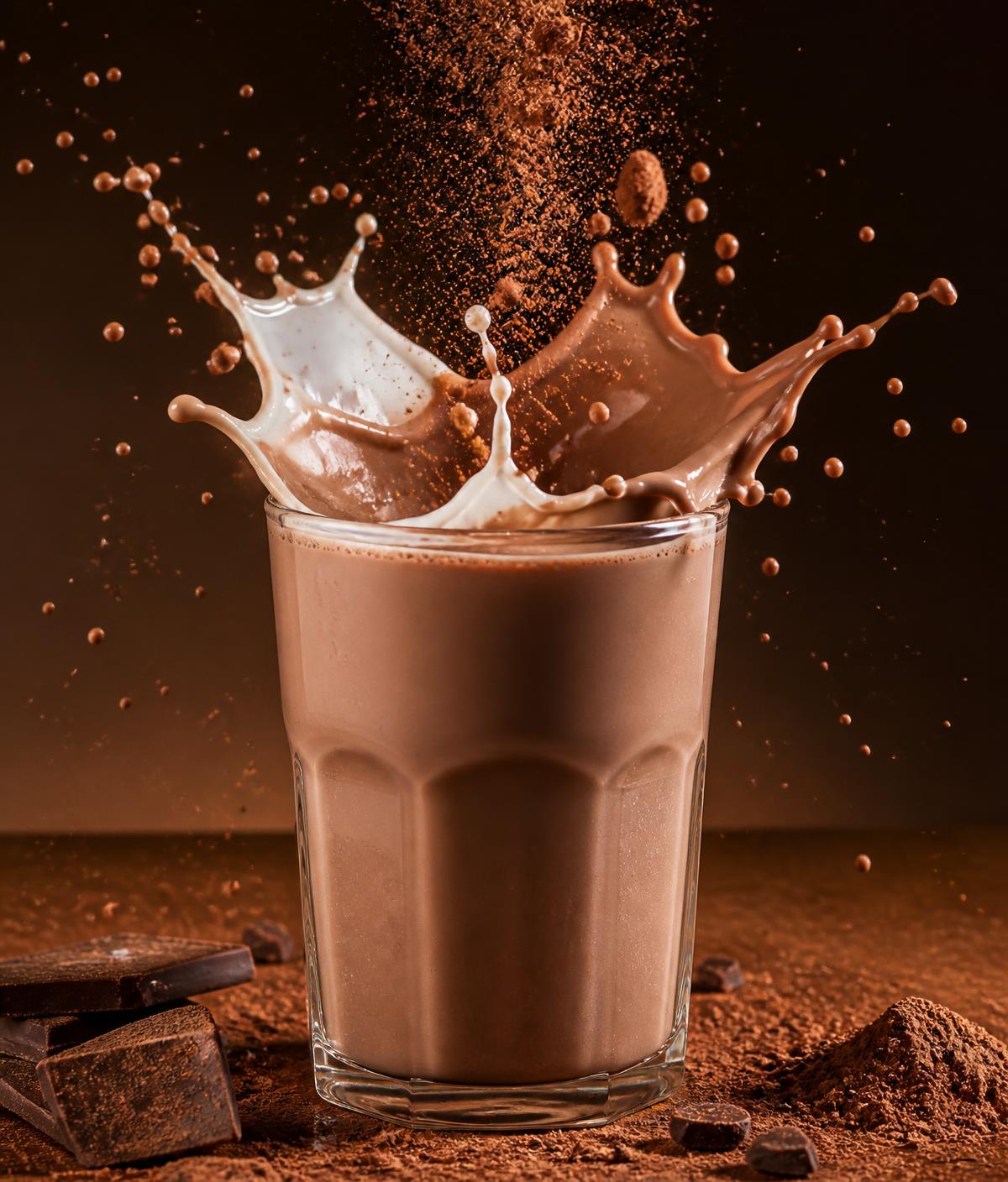 Verre de lait chocolaté Léchoco avec éclaboussure de cacao